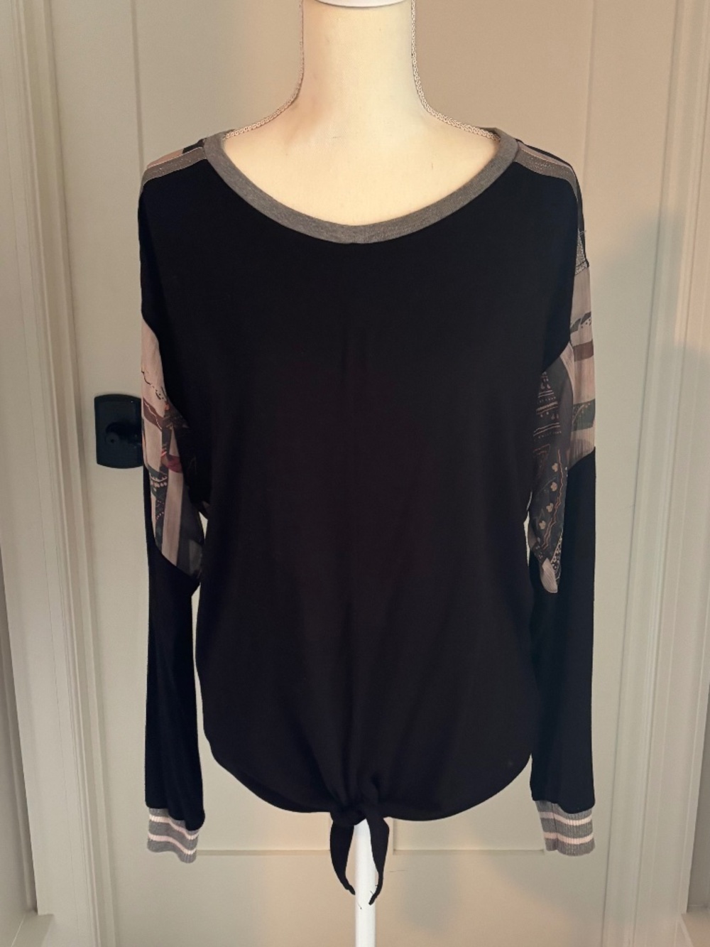 Anthropologie Tiny Pippa Black Mixed Media Tie Front Long Sleeve Top